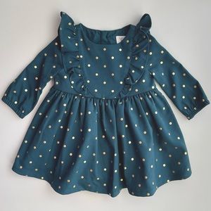 Carters Just One You Twill Dress 9M Dark Teal with Gold Dots with Diaper Cover